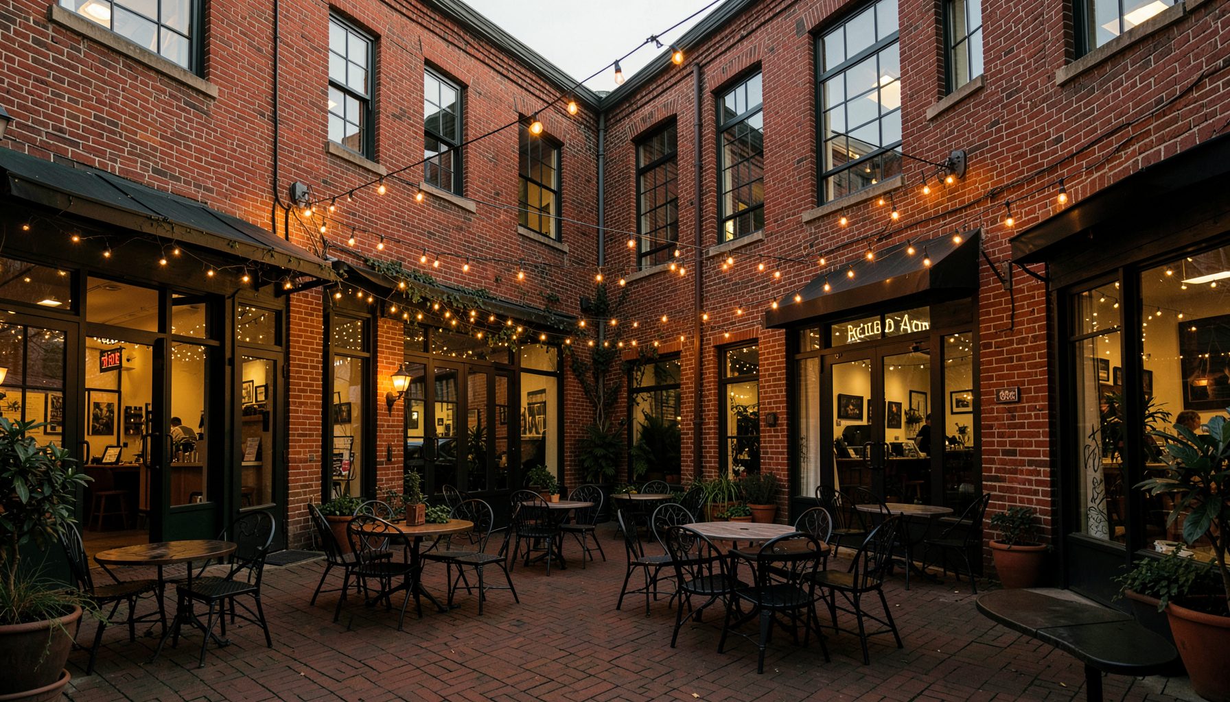 Warm evening light over a brick shopping center courtyard with string lights and outdoor seating, deep greens and amber tones