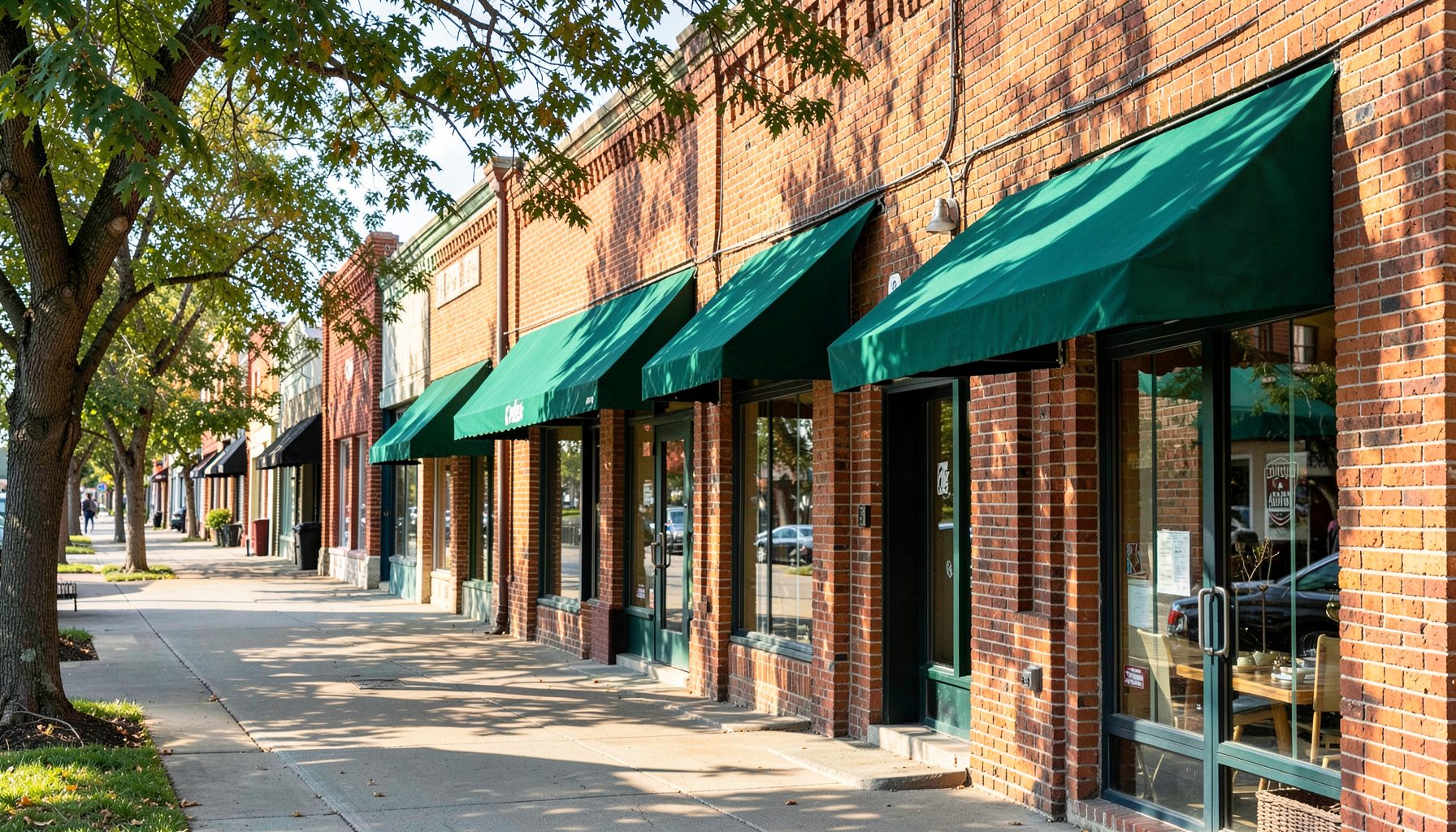 Sunlit row of storefronts with warm brick facades and green awnings along a tree-lined walkway
