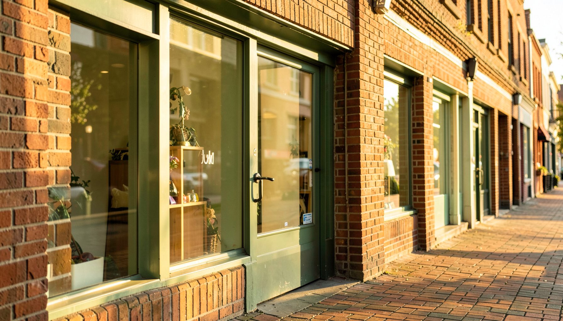Sunlit storefront windows along a brick-lined retail promenade, warm amber and soft green tones